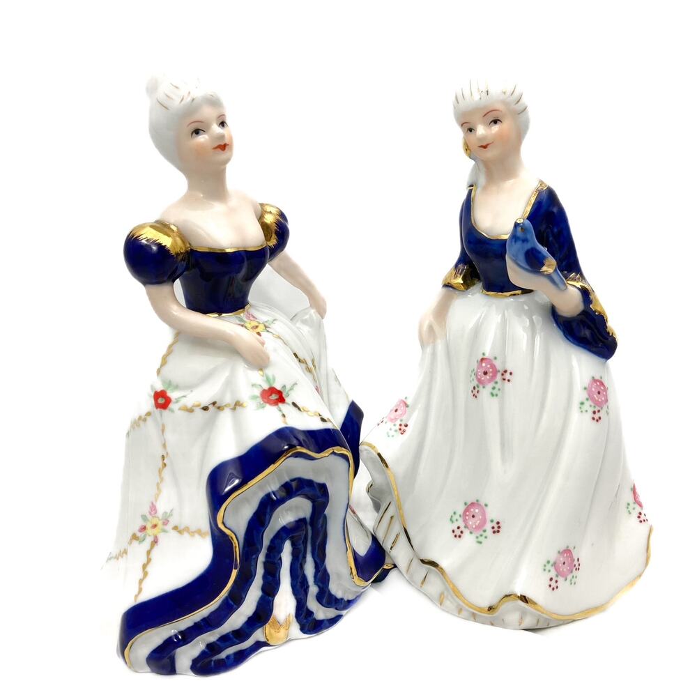 Gilded Pair German Porcelain  Lady Figurines Floral Ruffle Skirts Bluebird VTG